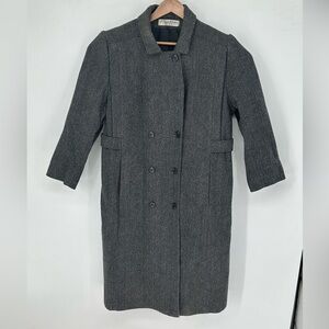 Vtg Alorna Petite Wool Trench Coat Double Breasted Grey Tweed Herringbone USA V0